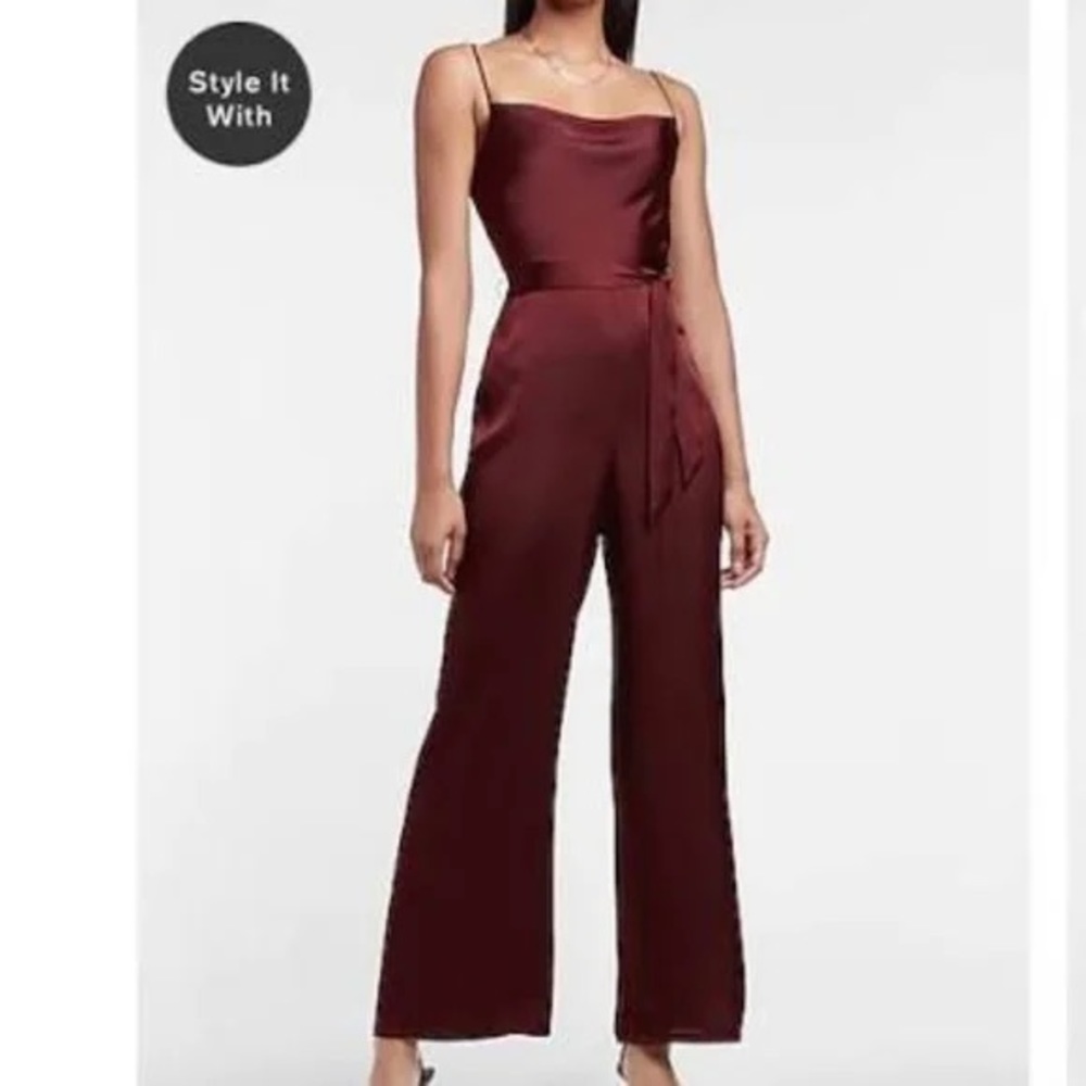 Express bordeaux cowl neck satin jumpsuit wine Large adjustable straps